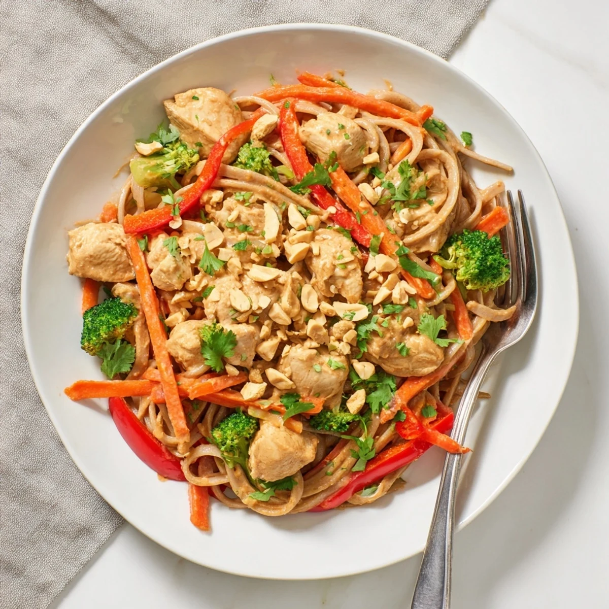 Meal prep containers filled with peanut chicken noodle bowls topped with crunchy peanuts and fresh cilantro