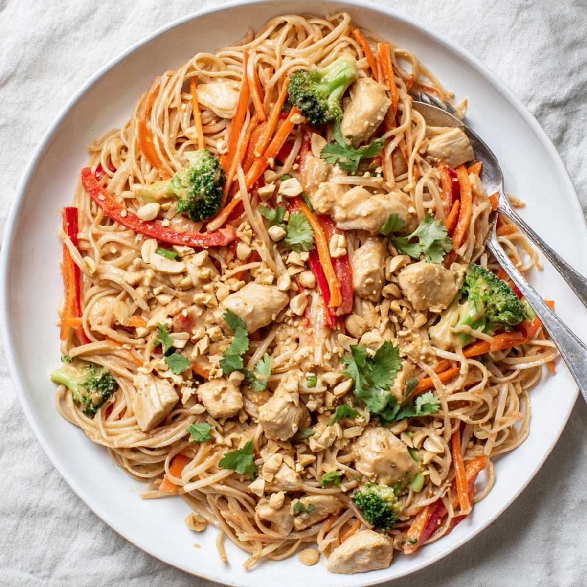 Four compartment containers showcasing Asian-inspired peanut chicken noodle meal prep with vibrant bell peppers and broccoli garnish