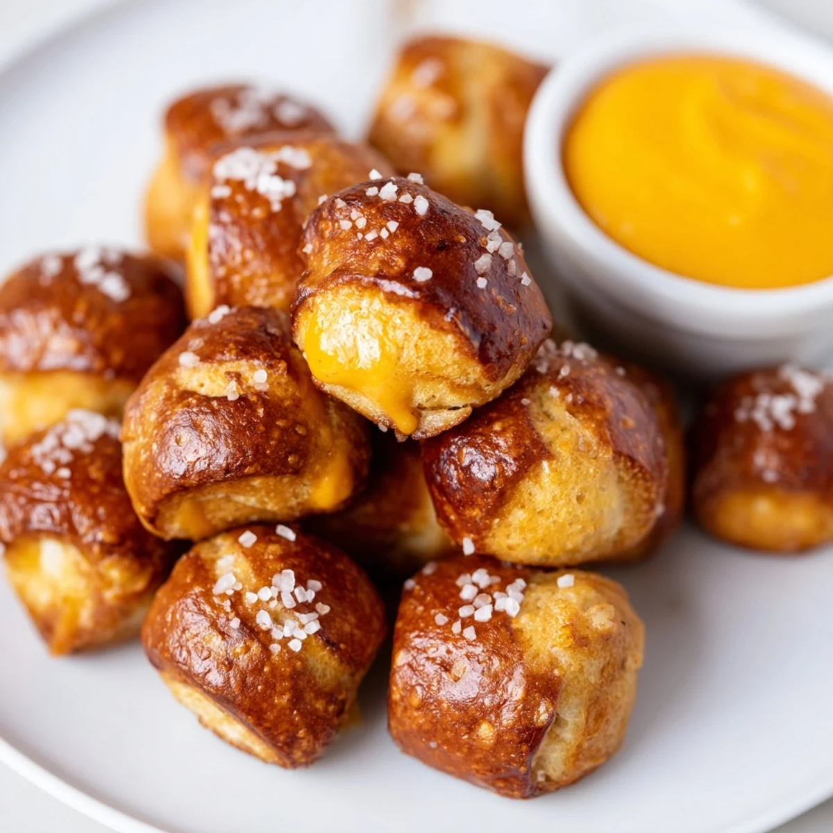 Soft chewy pretzel bread bites with crispy exteriors served with creamy zesty dipping sauce for snacking