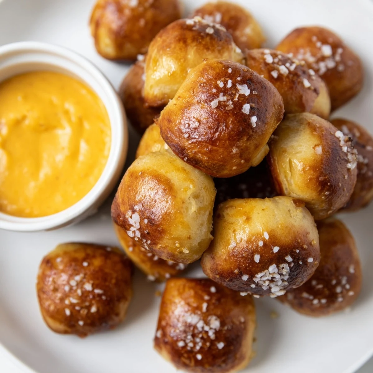 Golden brown air fryer pretzel bites sprinkled with coarse sea salt alongside a bowl of warm cheddar cheese dip