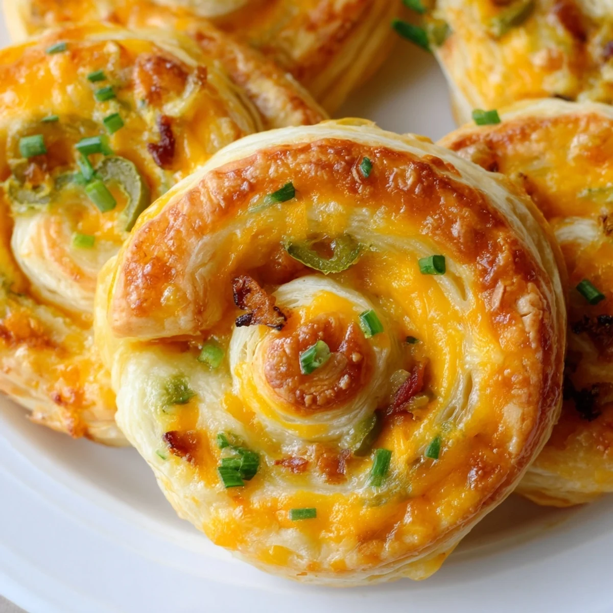 Appetizer plate displaying easy jalapeño popper pinwheels topped with diced peppers and savory cream cheese swirl