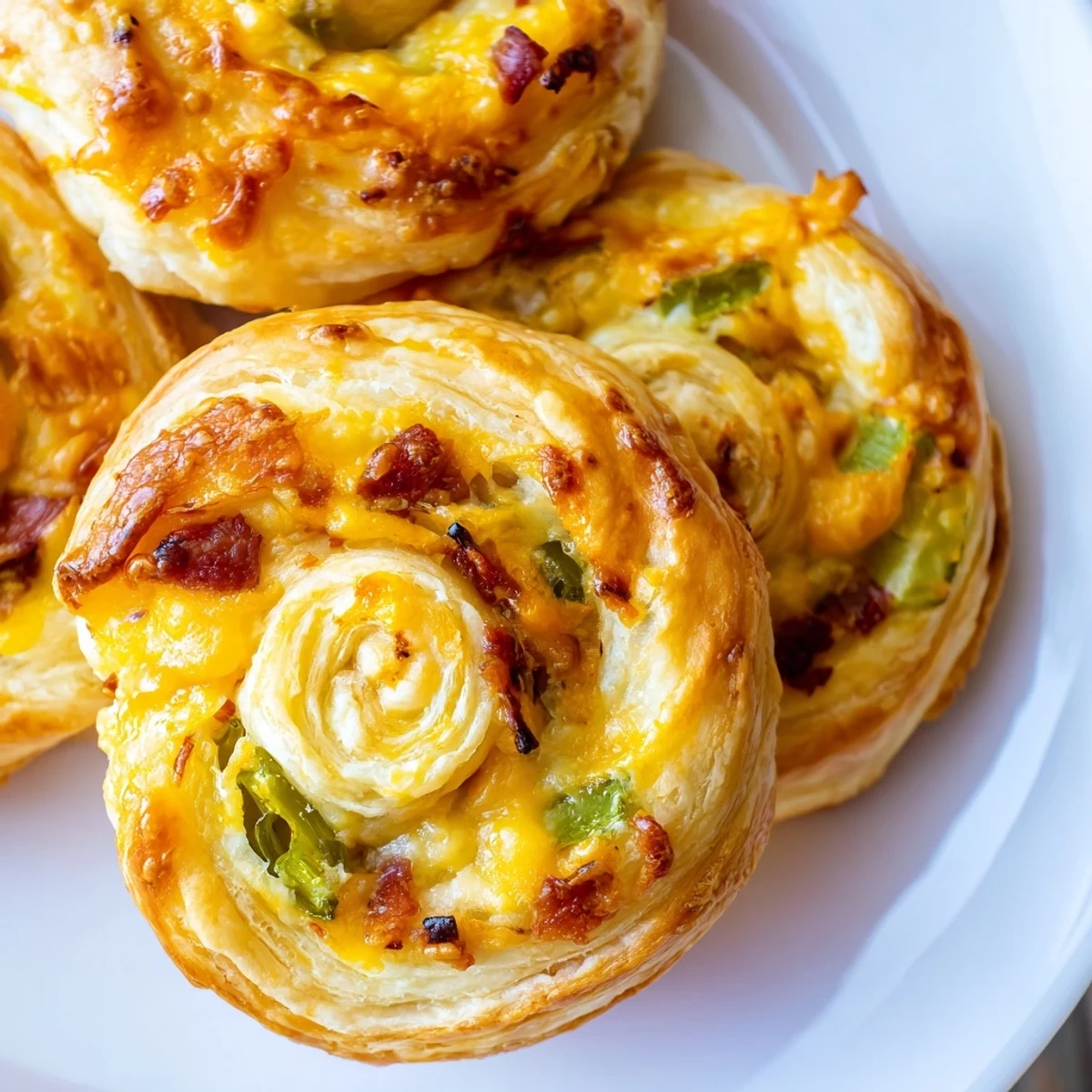 Flaky puff pastry rolls stuffed with spicy jalapeños and melted cheddar cheese arranged on platter