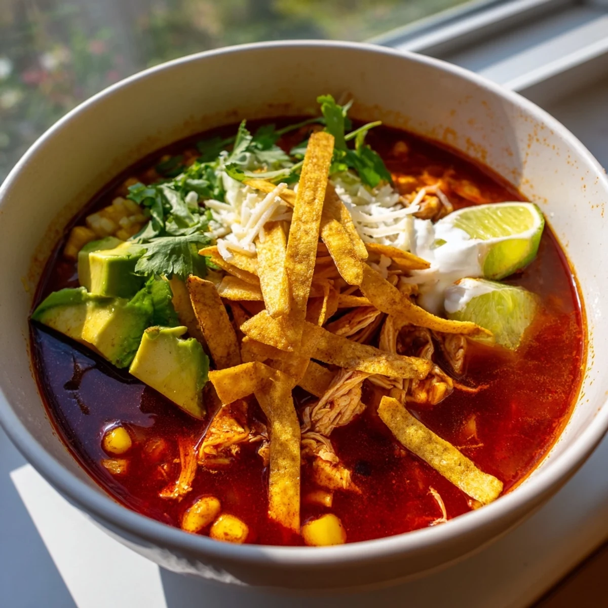 Bowl of Mexican tortilla soup topped with crispy golden tortilla strips, diced avocado, and shredded cheese