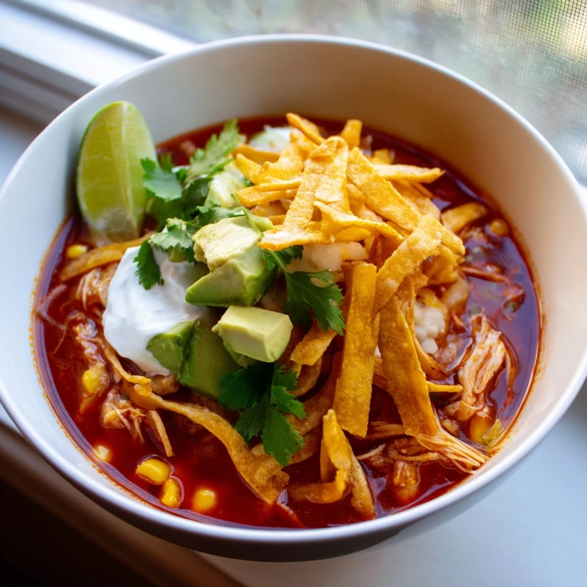 Steamy Mexican tortilla soup garnished with fresh cilantro, sour cream, lime wedges, and crunchy corn strips