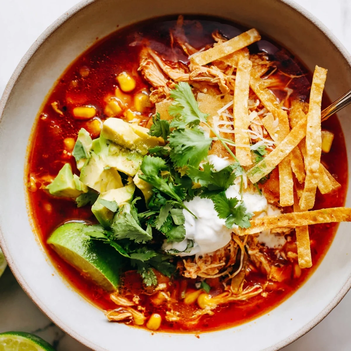 Hearty Mexican tortilla soup with shredded chicken, corn, and colorful toppings served in white bowl