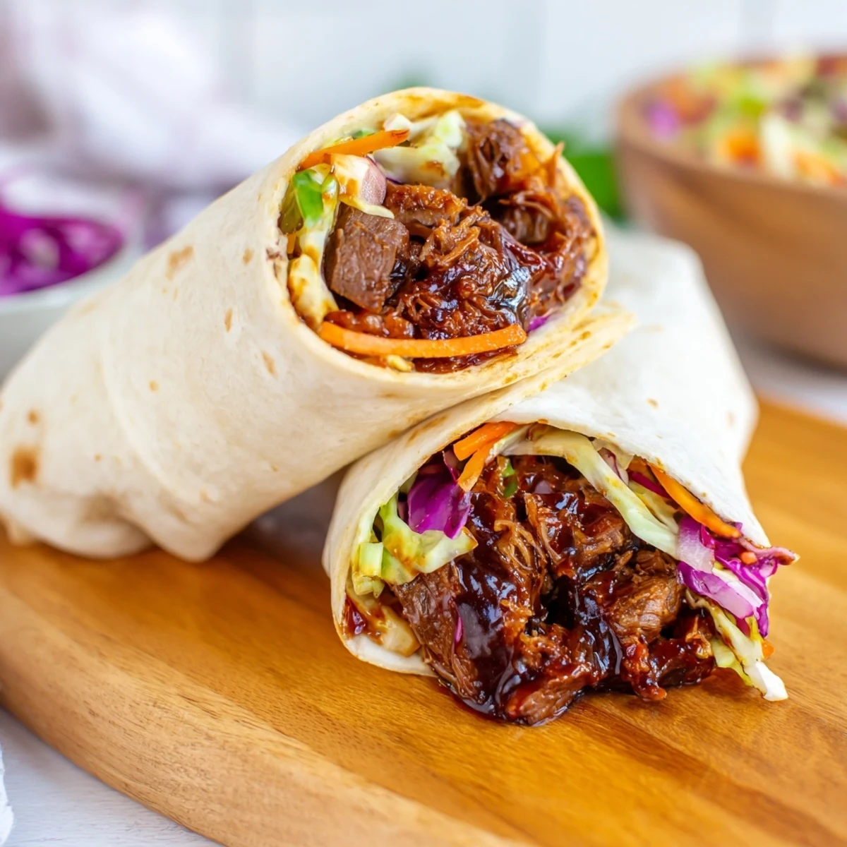 Soft flour tortilla wrapped around tender smoky BBQ pulled beef with crunchy colorful coleslaw