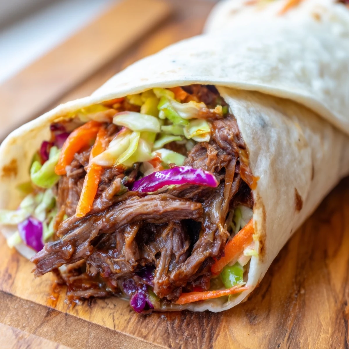 Close-up of easy sweet BBQ pulled beef slaw wraps overflowing with vibrant shredded cabbage and carrots