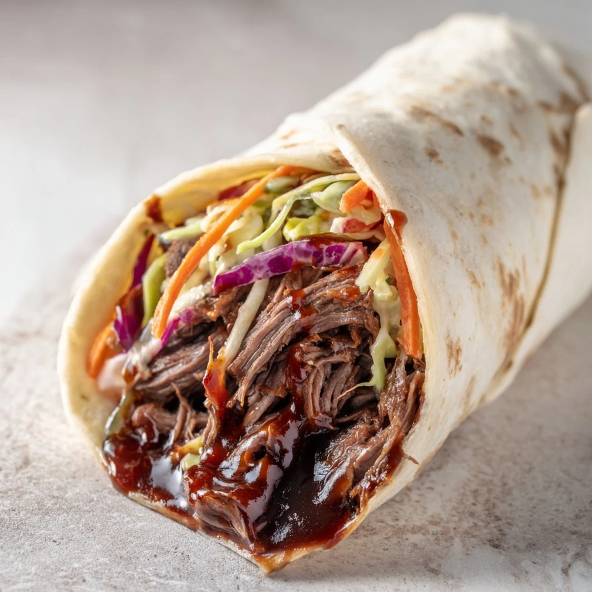 Hand-held American BBQ beef wraps featuring juicy shredded meat in smoky sauce topped with crisp slaw