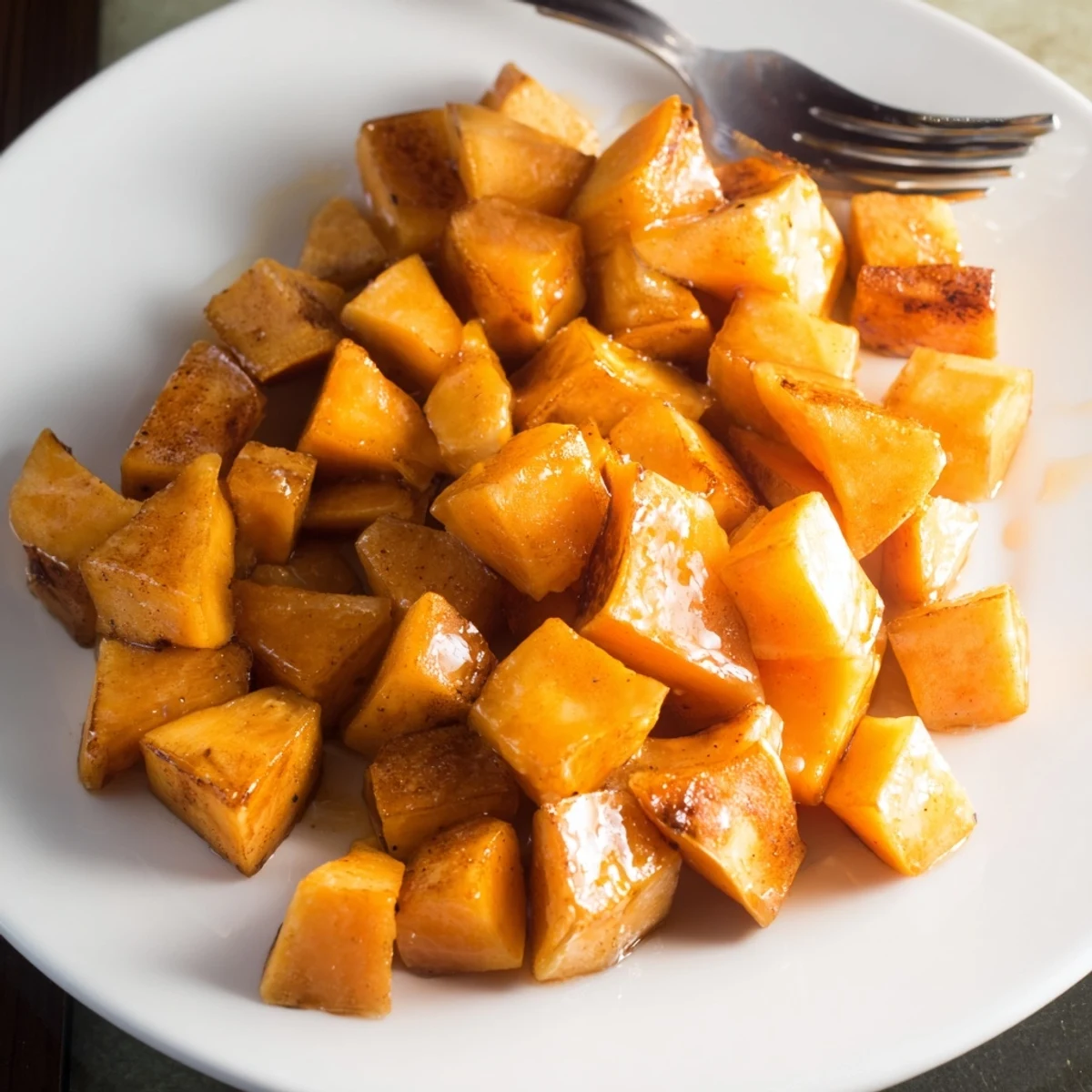 Golden brown honey cinnamon roasted sweet potato cubes arranged on a white baking sheet