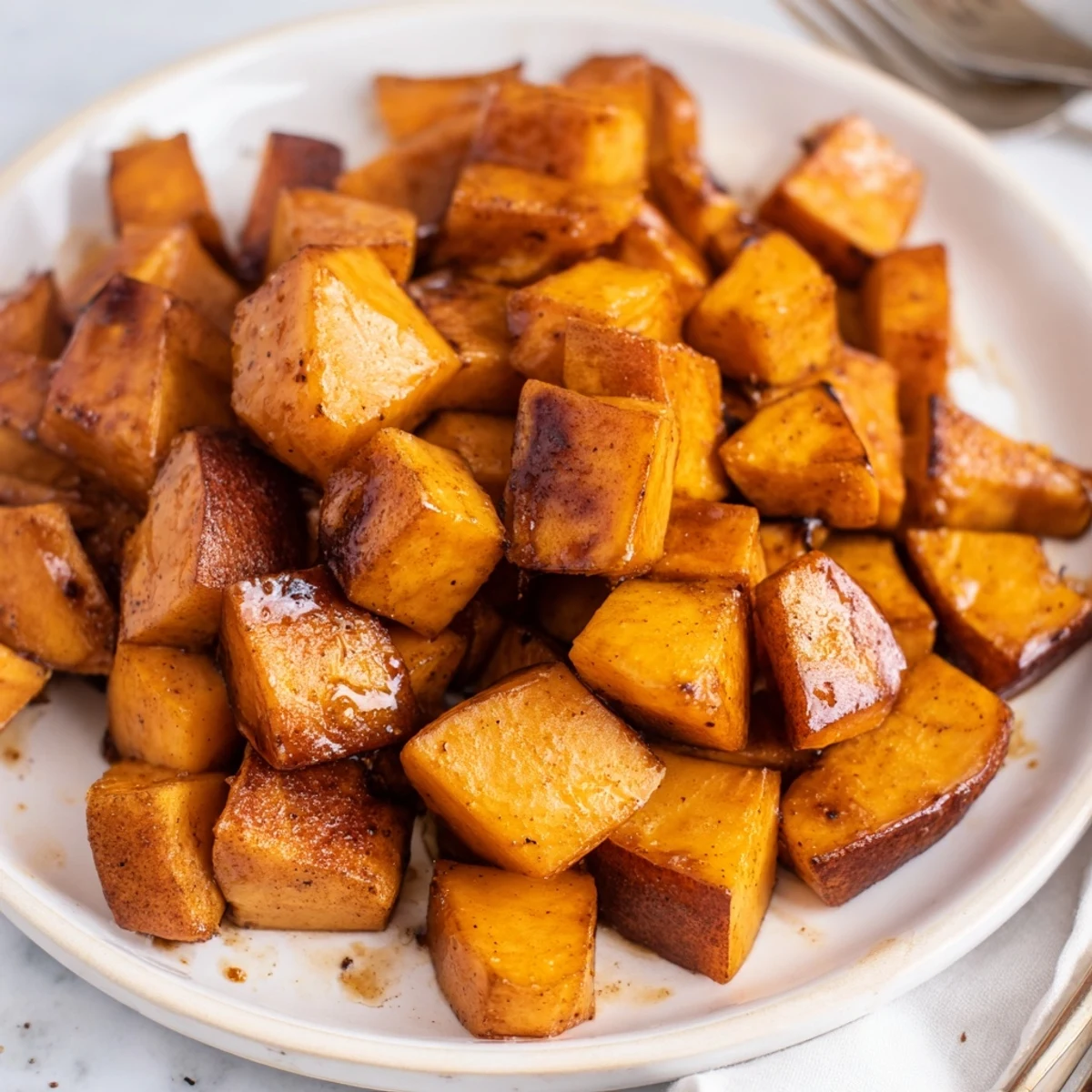 Caramelized sweet potato cubes with glistening honey and cinnamon coating fresh from the oven