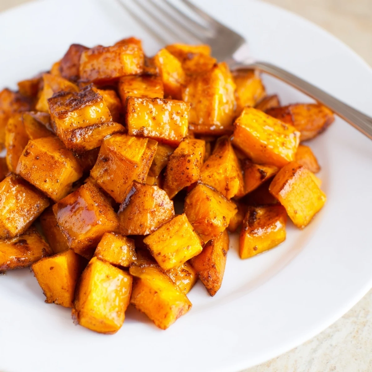 Tender roasted sweet potato cubes tossed in honey and cinnamon on a parchment-lined baking sheet