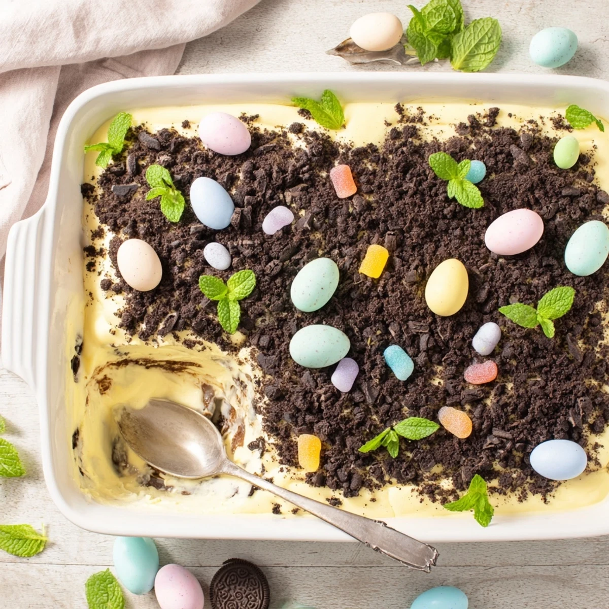 Easter dirt cake casserole displayed with pastel chocolate eggs nestled in dark cookie crumble dirt and fresh mint garnish