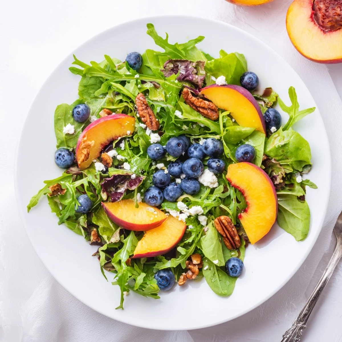 Colorful summer salad bowl featuring sweet sliced peaches plump blueberries and tangy white feta cheese over crisp arugula and spinach