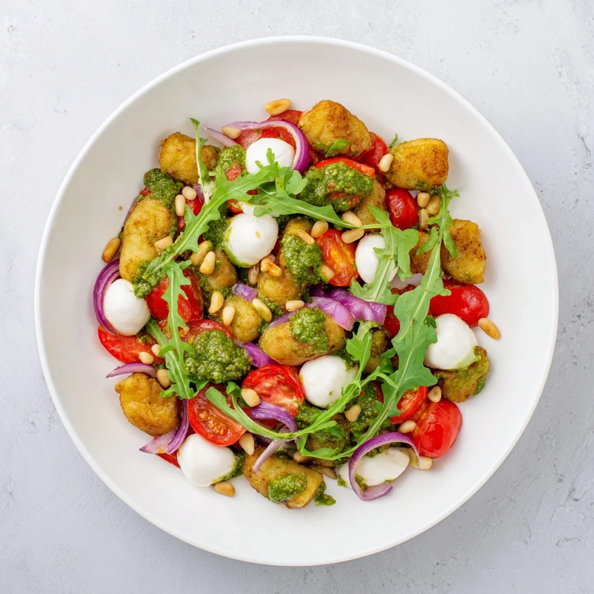 Golden roasted gnocchi salad with pesto, melted mozzarella, and colorful roasted vegetables