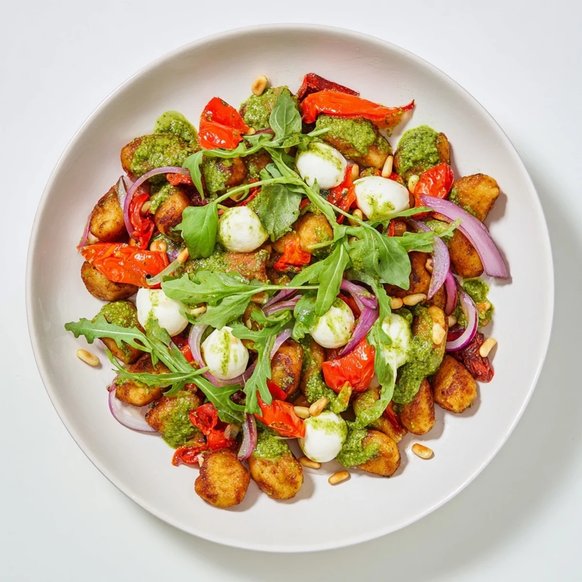 Warm Italian gnocchi salad featuring crispy potato pillows, fresh tomatoes, and creamy mozzarella