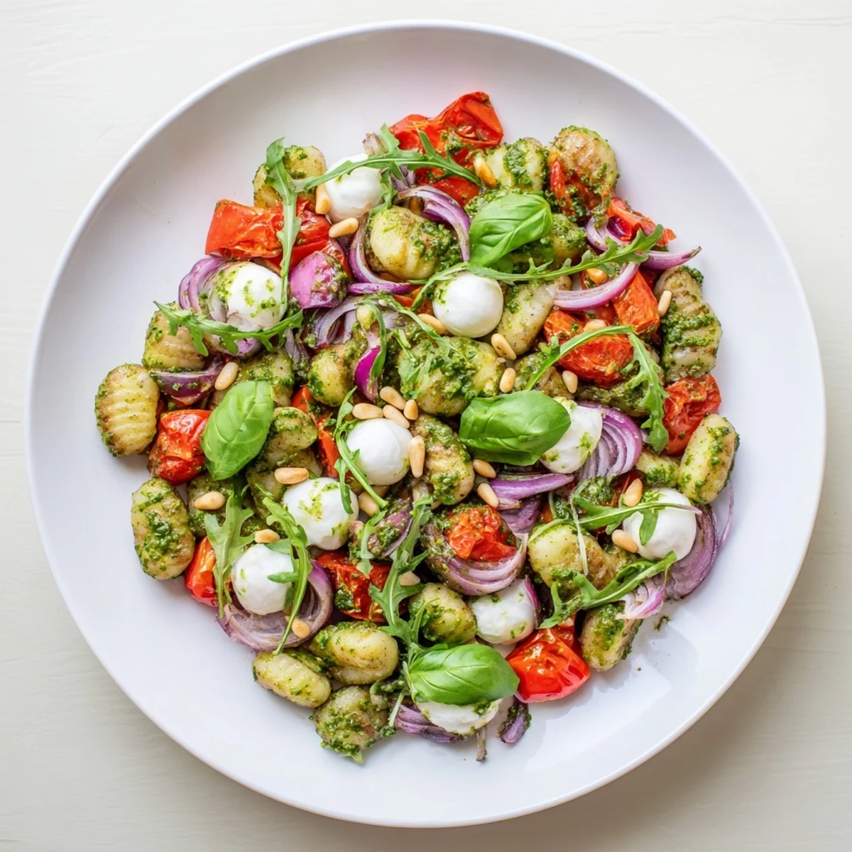 Vibrant pesto roasted gnocchi bowl with arugula, cherry tomatoes, and bocconcini cheese