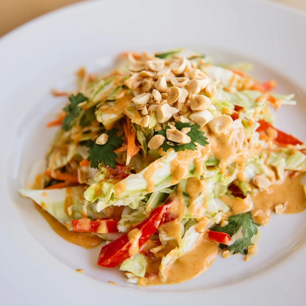 Colorful Thai salad with crisp vegetables drizzled with creamy homemade peanut sauce in a bowl