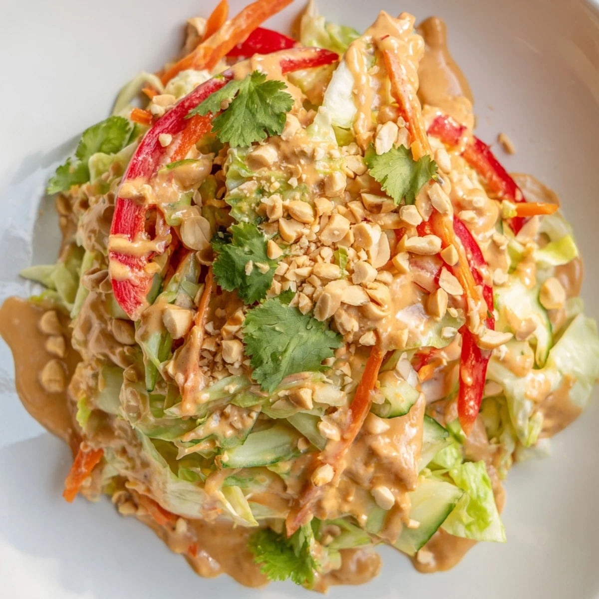 Fresh cabbage and carrot Thai salad topped with rich peanut dressing and crushed roasted peanuts