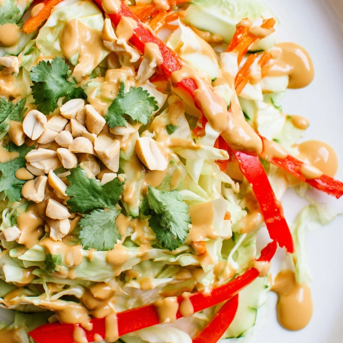 Vibrant vegetarian Thai peanut salad featuring julienned vegetables and glossy sauce garnished with cilantro