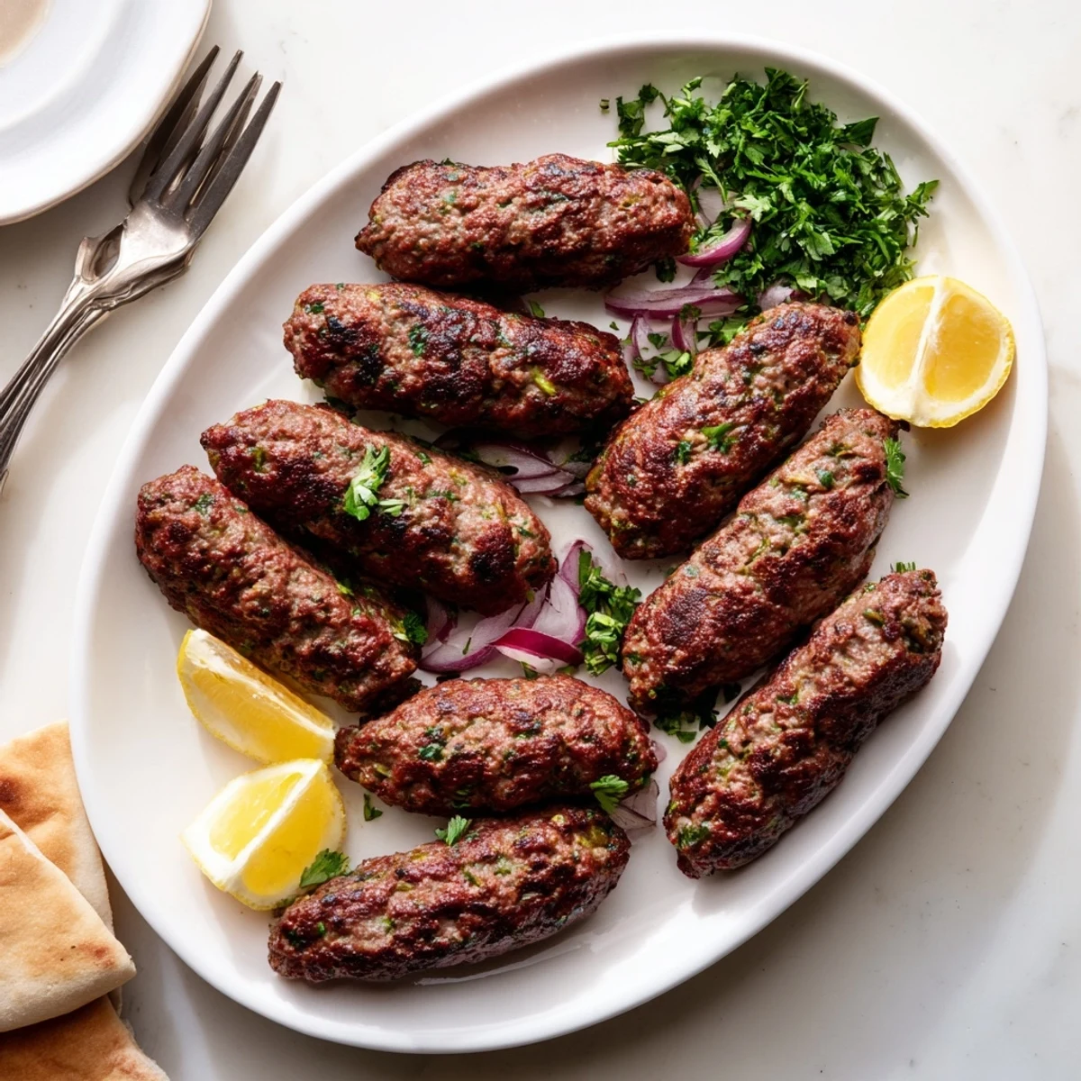 Golden brown Lebanese kafta kebabs served with fresh parsley, lemon wedges, and pita bread