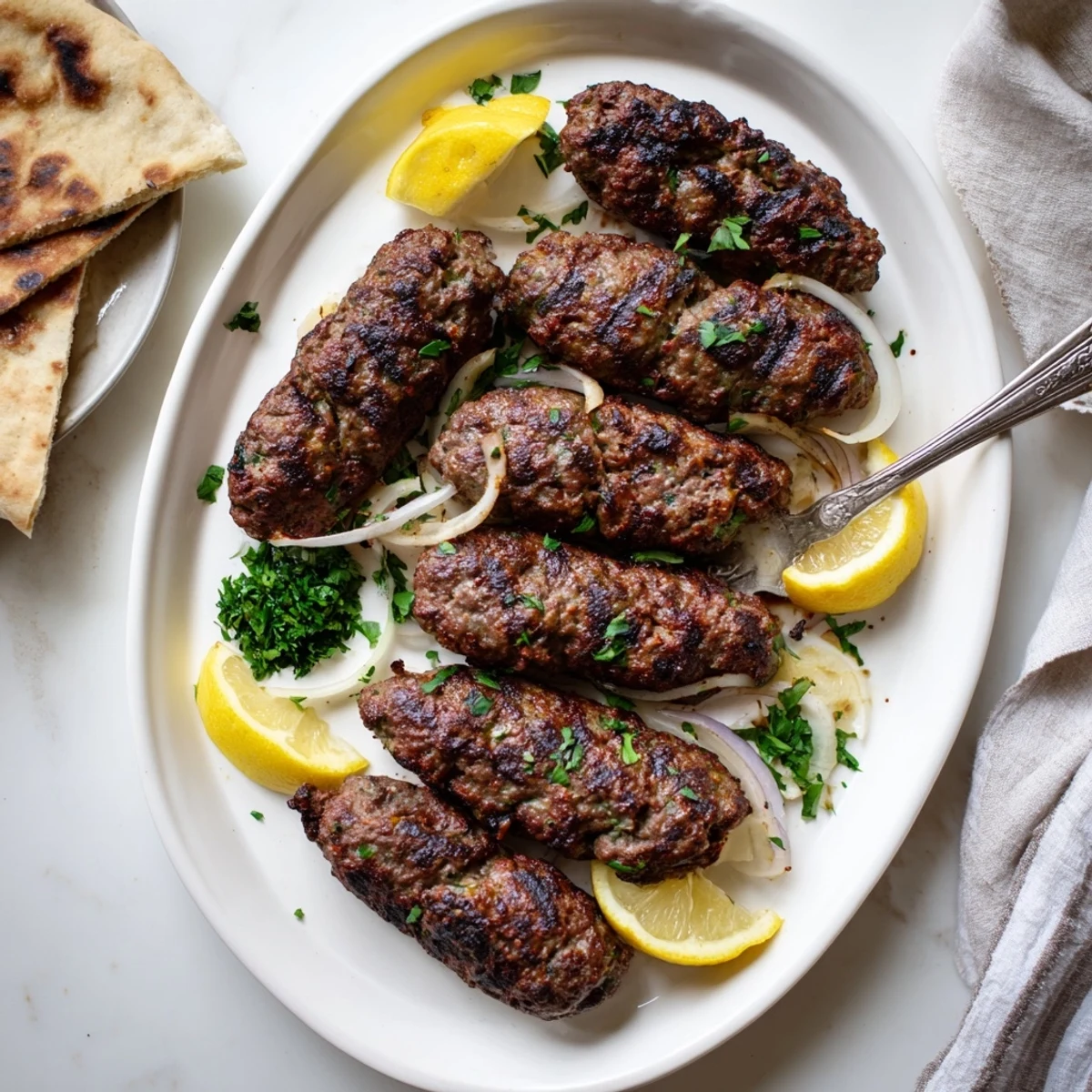 Easy Lebanese kafta recipe featuring spiced ground meat patties on skewers ready for grilling