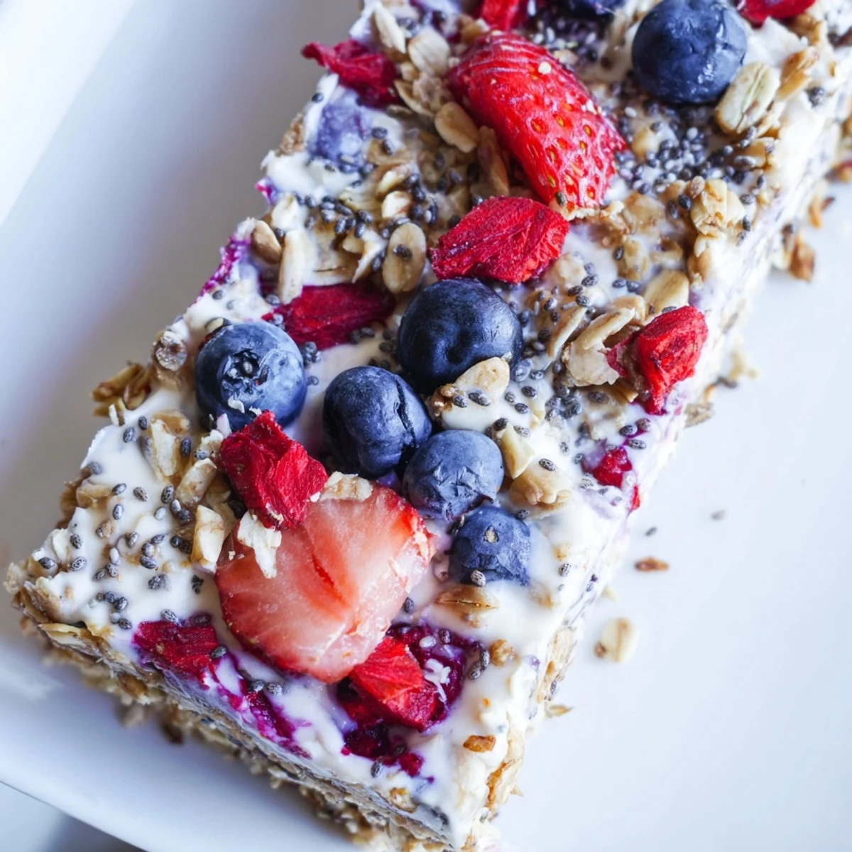 Frozen yogurt berry granola bars layered with vibrant red berries and crunchy golden granola squares