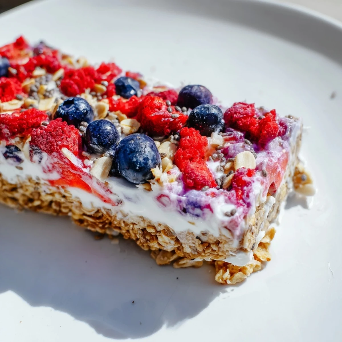 No bake frozen yogurt berry granola bars sliced into rectangles on a white serving plate