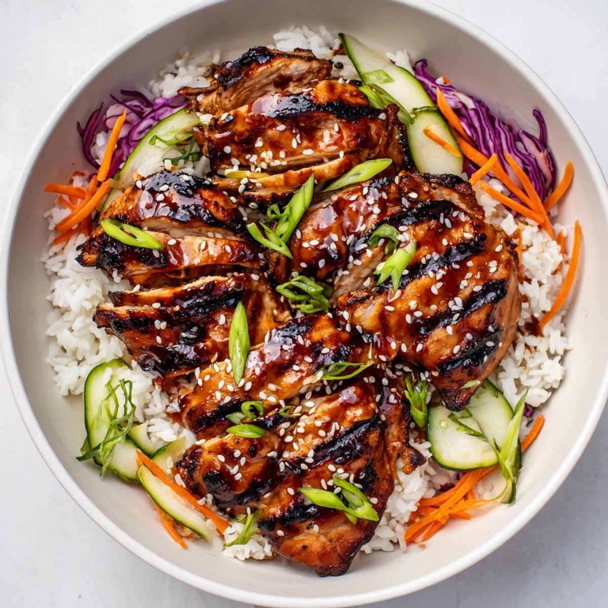Golden Korean BBQ chicken bowl served with steamed rice shredded carrots and sliced cucumber
