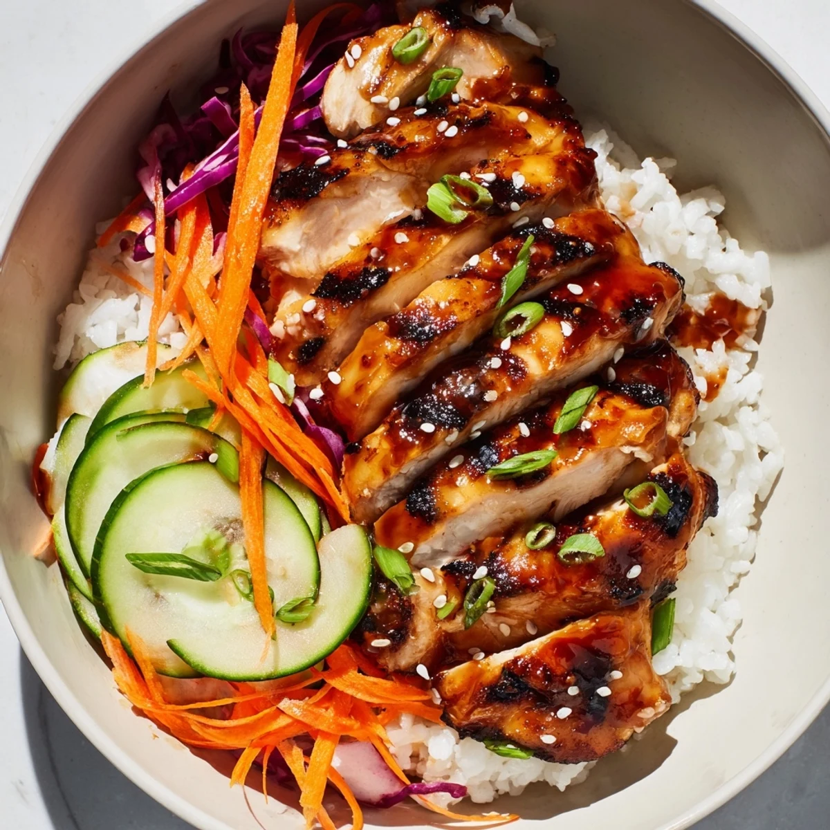 Savory Korean BBQ chicken bowl featuring charred chicken atop rice with fresh crunchy vegetables