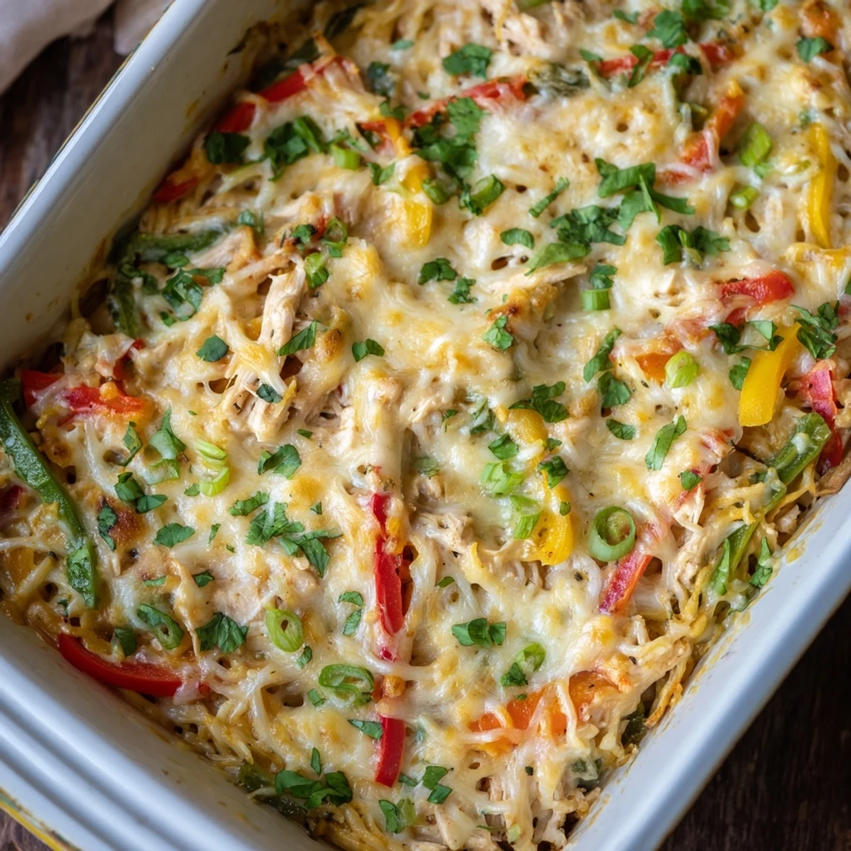 Golden cheesy chicken fajita casserole with colorful peppers bubbling in a baking dish