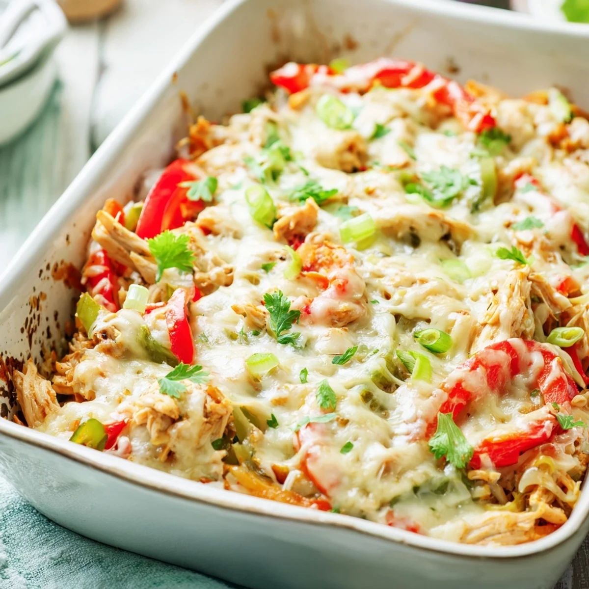 Steam rises from a bubbling pan of cheesy chicken fajita casserole with vibrant bell peppers