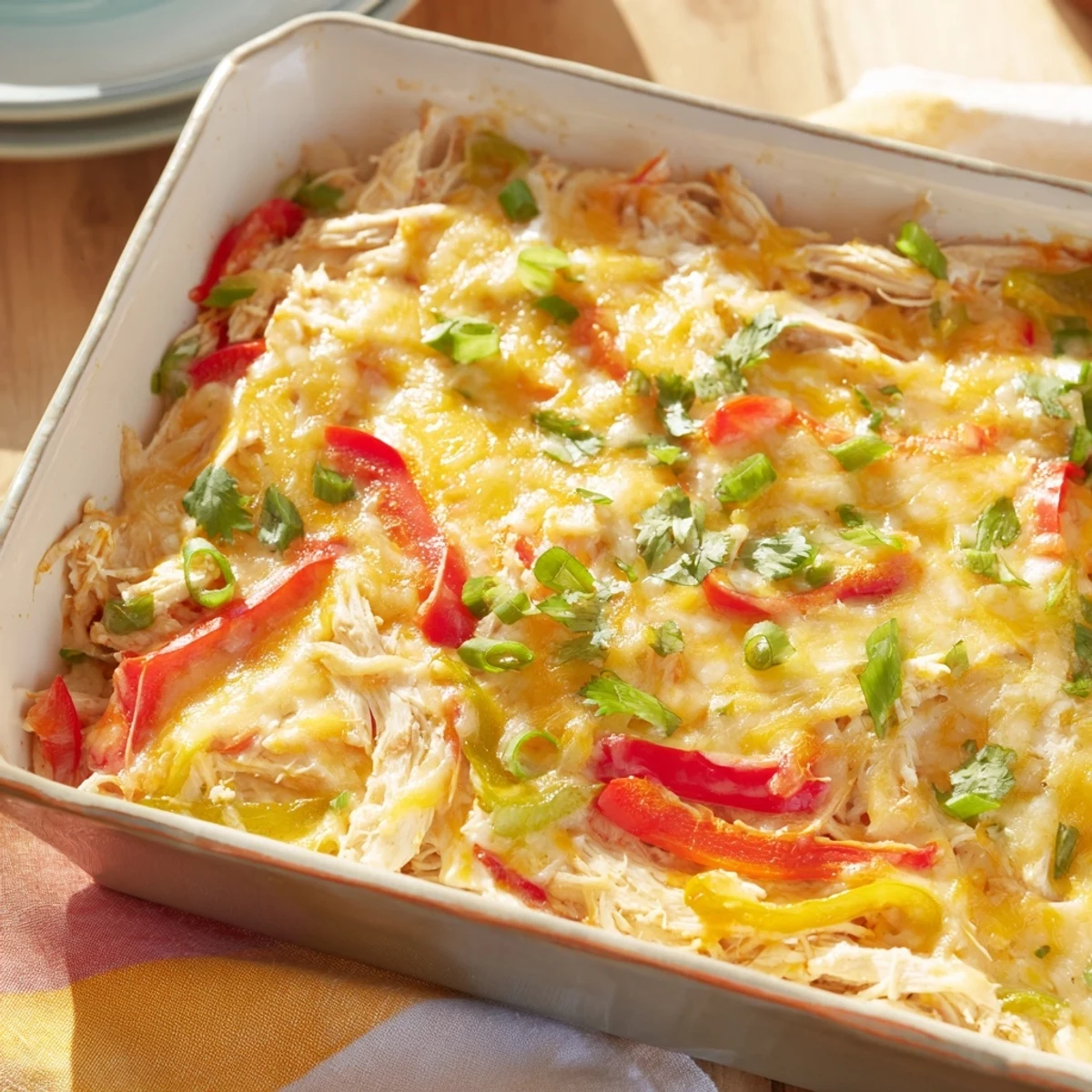 Sliced peppers and melted cheese crown this comforting chicken fajita casserole fresh from the oven