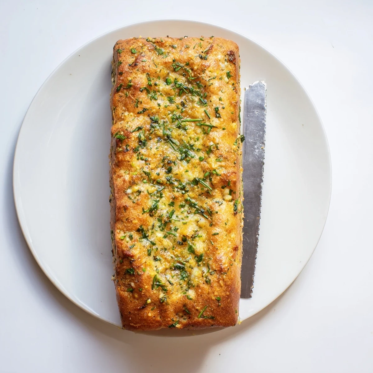 Golden garlic and herb bread loaf fresh from the oven with a crispy crust