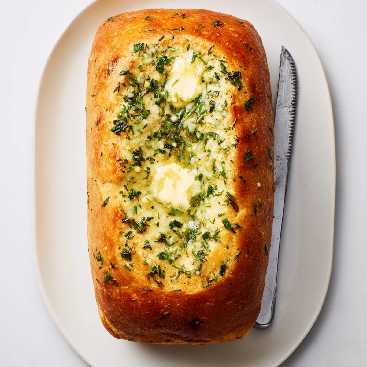 Warm homemade garlic and herb bread slices on a wooden serving board