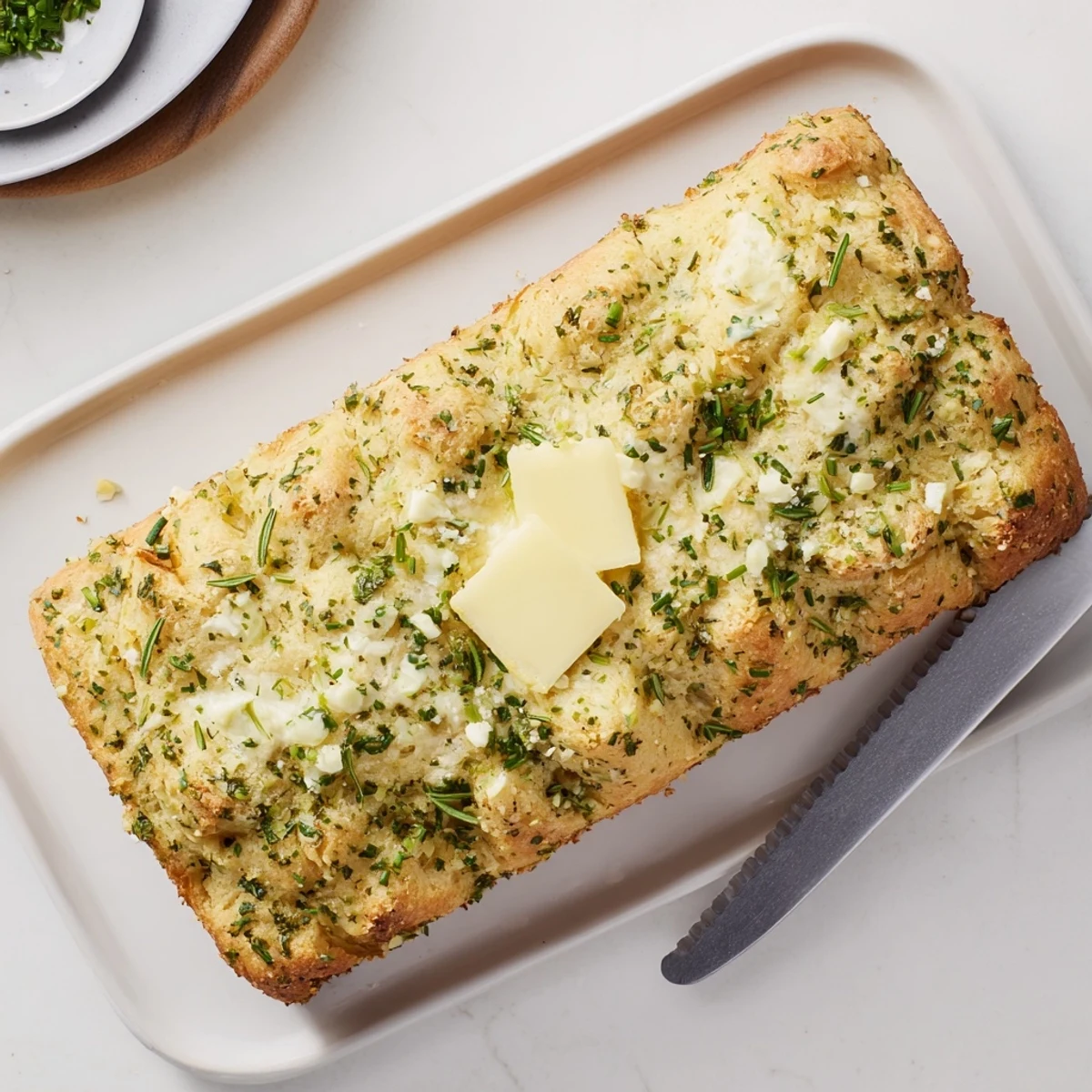 Fluffy garlic and herb bread brushed with melted butter and fresh parsley garnish