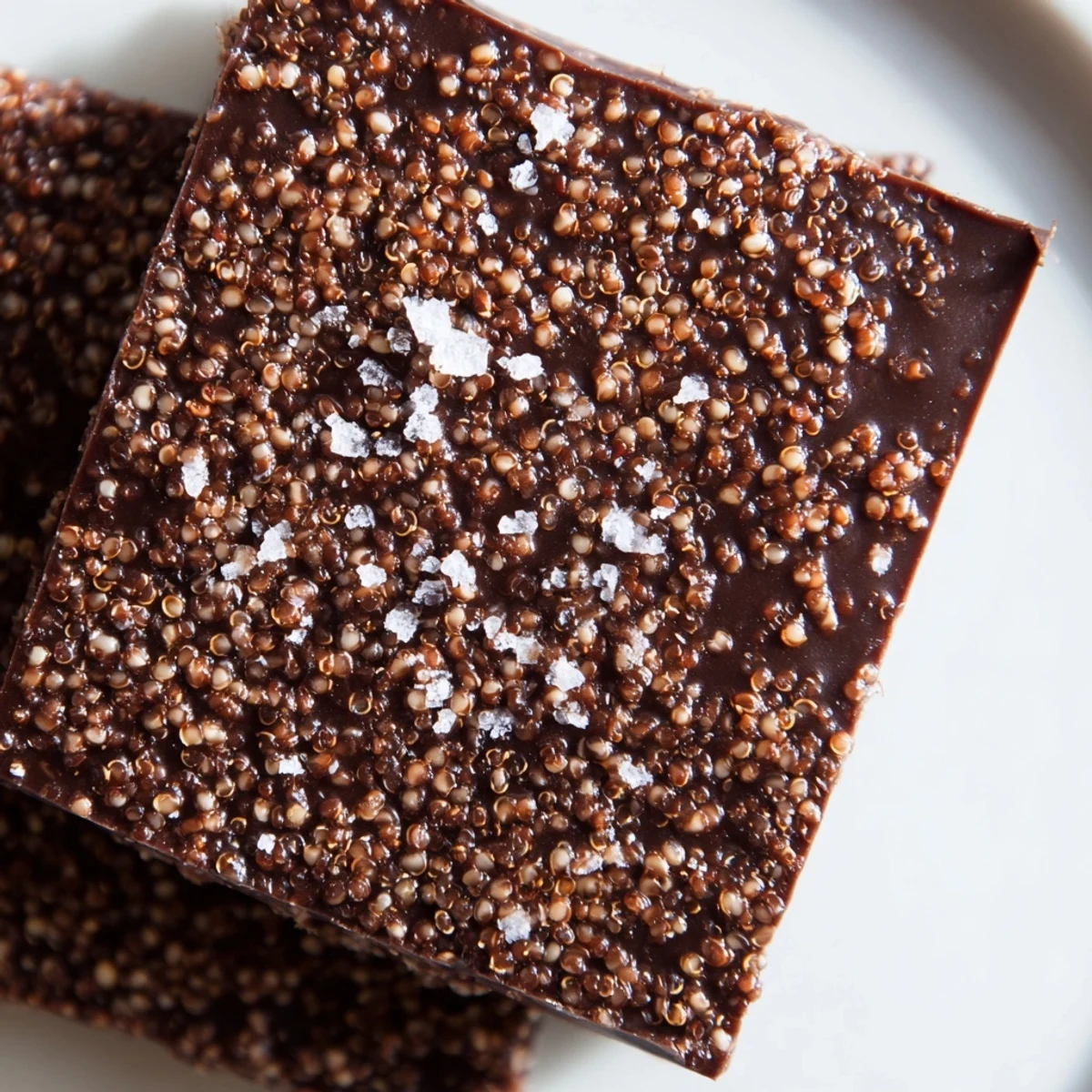 Close-up of homemade dark chocolate quinoa crisps sprinkled with sea salt, showing their rich texture and bite-sized round shape