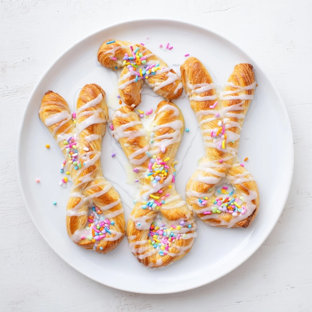 Golden Easter Bunny Twists drizzled with white icing and colorful sprinkles on a white serving plate