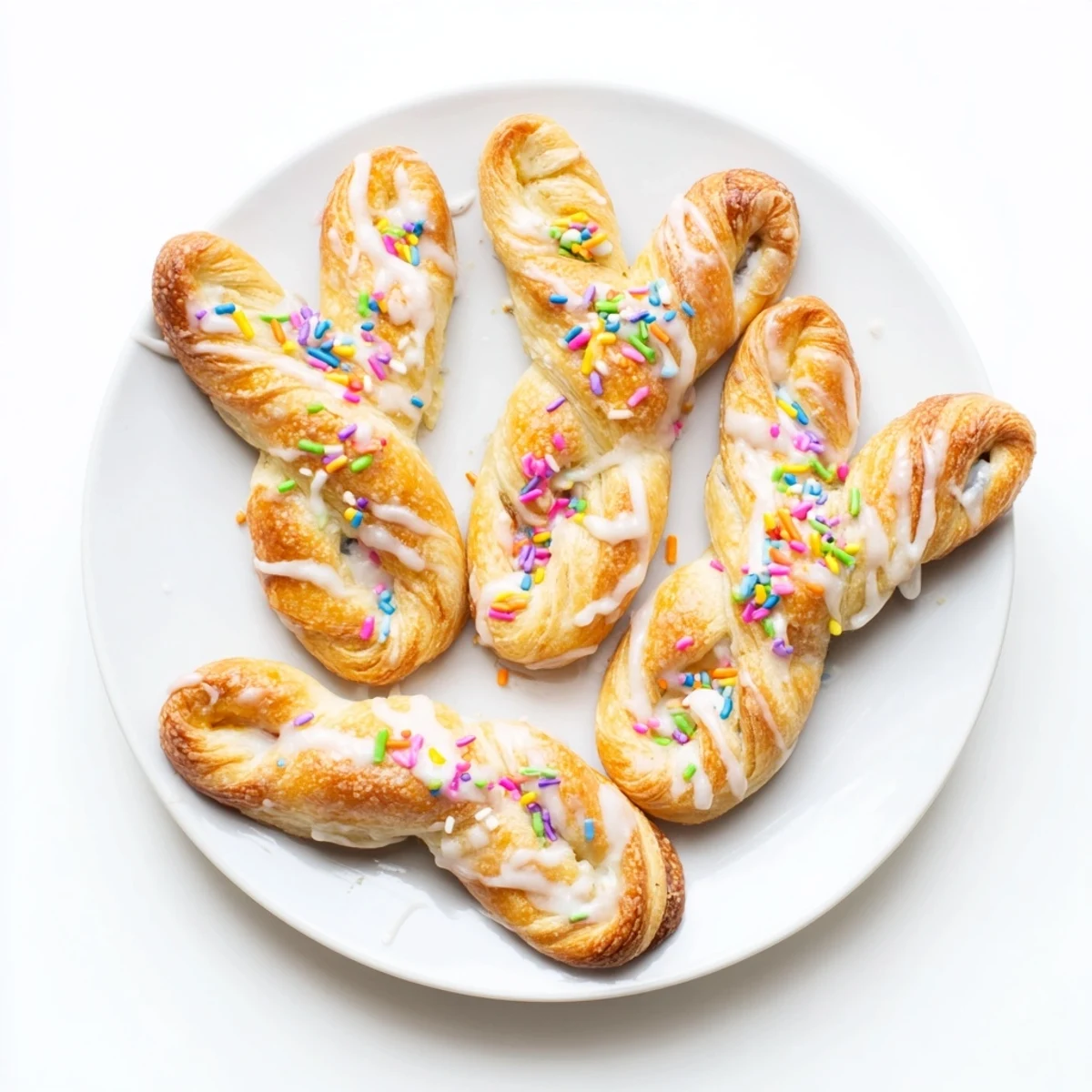 Fluffy cinnamon-sugar Easter Bunny Twists shaped like playful rabbit ears with sweet glaze dripping down