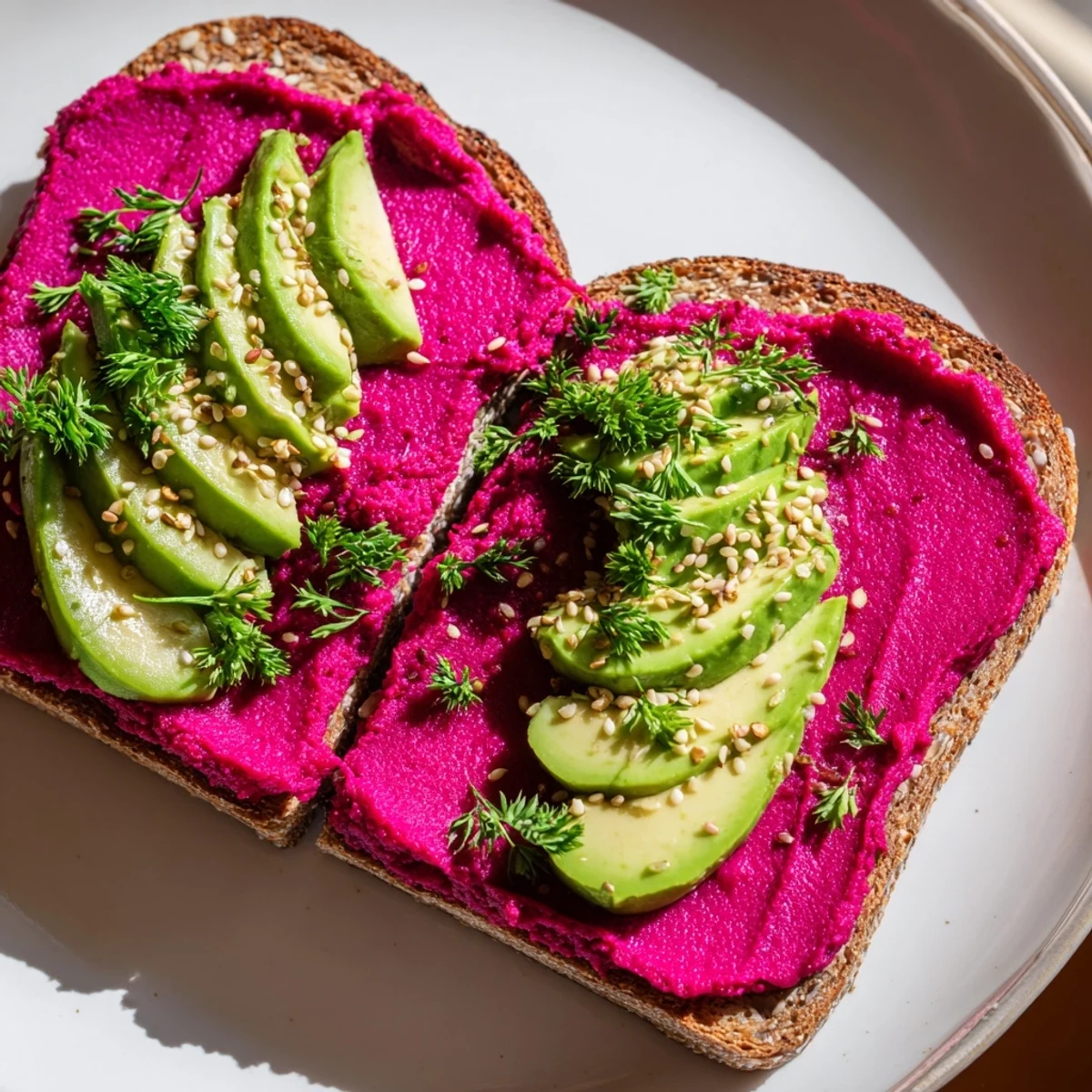 Golden brown avocado beet hummus toast topped with creamy avocado slices and fresh green parsley garnish