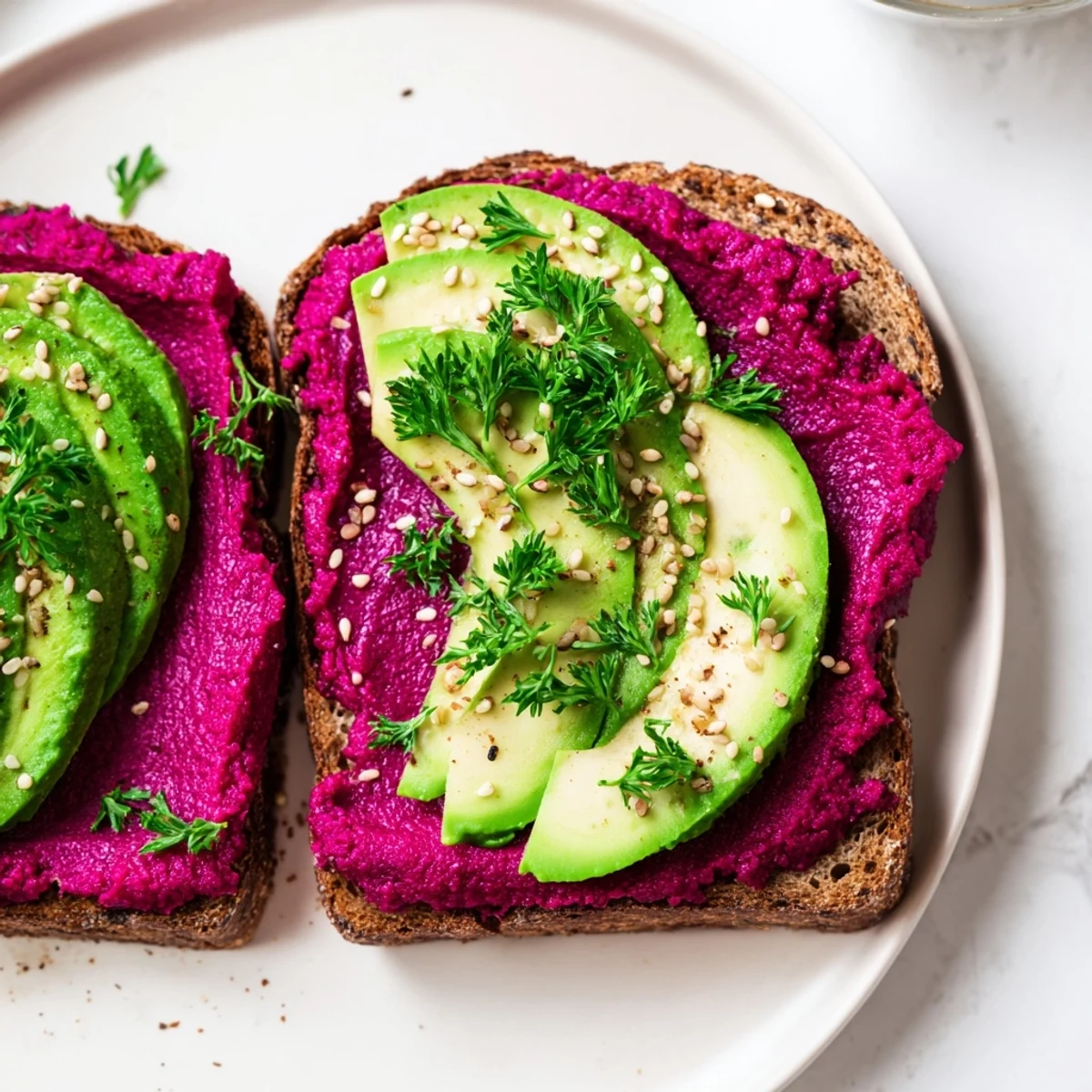 Vibrant open-faced toast featuring bright pink beet hummus layered with ripe avocado and crunchy sesame seeds