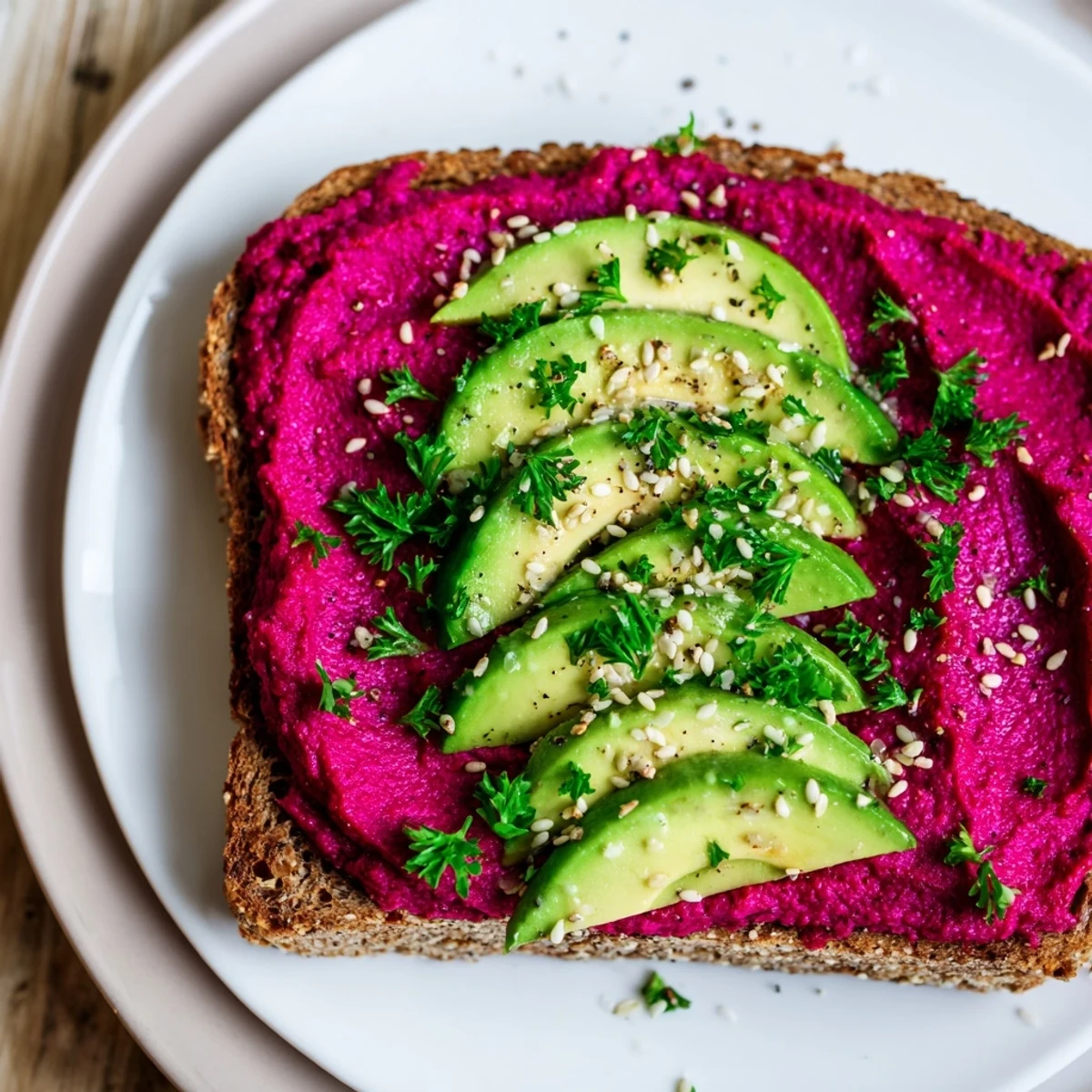 Close-up of Mediterranean avocado beet hummus toast on sourdough bread with cracked black pepper and lemon