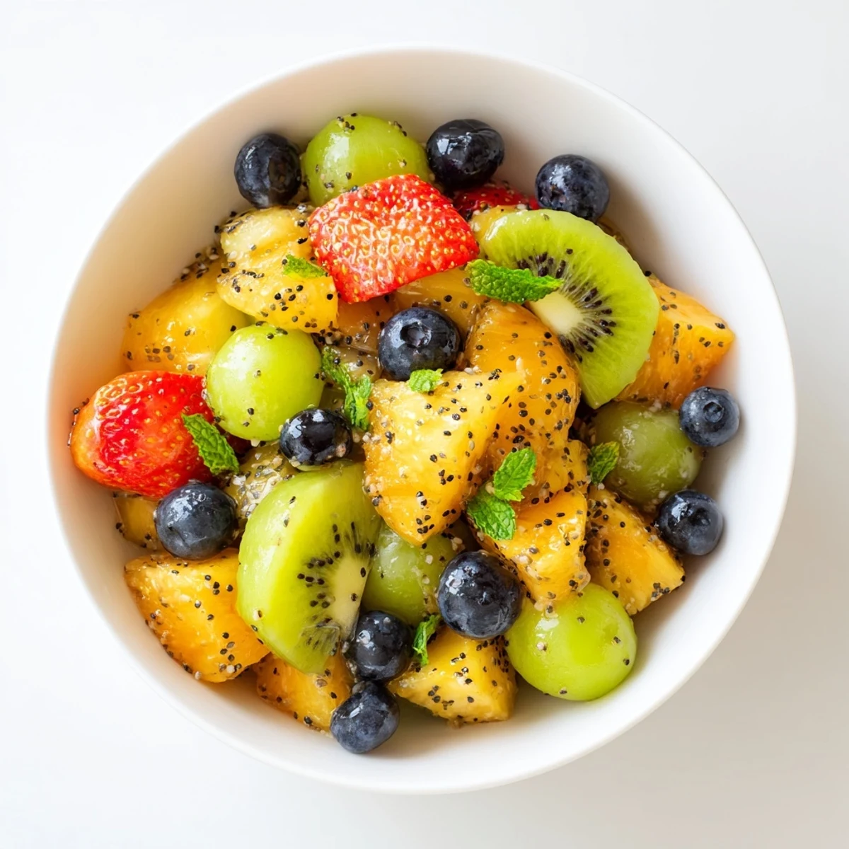 Colorful Easter fruit salad bowl overflowing with fresh strawberries, pineapple, kiwi, and mint garnish
