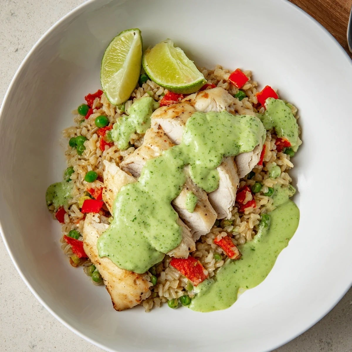 Golden seared chicken thighs nestled in cilantro rice with vibrant green Peruvian sauce drizzled on top
