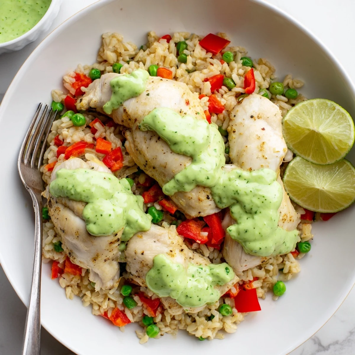 Comforting bowl of Peruvian chicken rice with colorful peppers, peas, and creamy aji verde sauce garnish