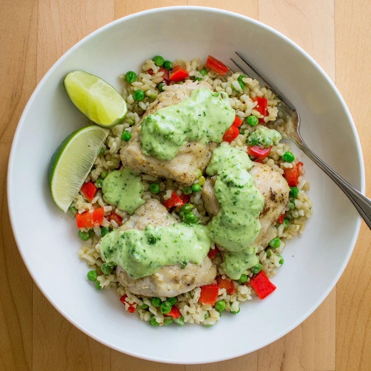 Steaming plate of juicy chicken and fluffy rice topped with zesty herbaceous green sauce and lime wedges