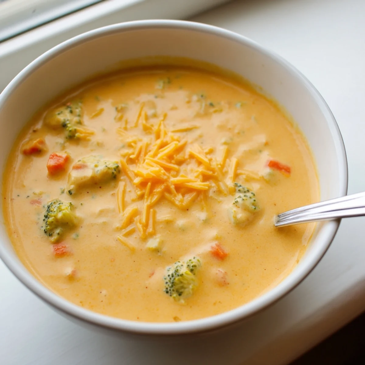 Creamy slow cooker broccoli cheddar soup in a white bowl garnished with shredded cheese and crusty bread
