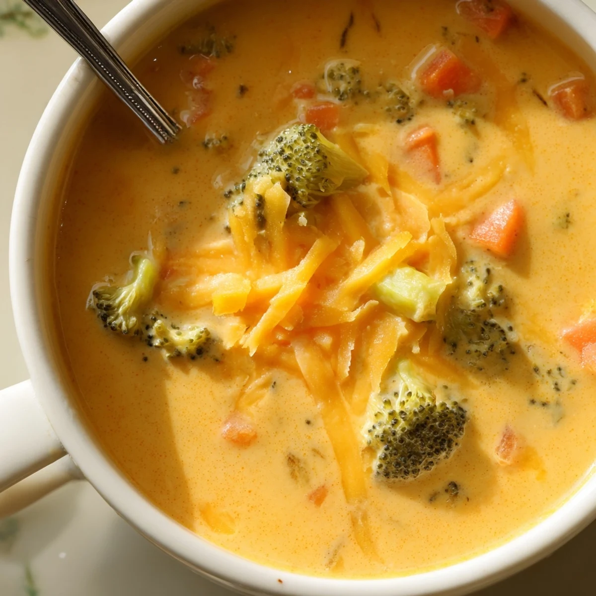 Golden slow cooker broccoli cheddar soup steaming hot with extra sharp cheese sprinkled on top alongside bread slices
