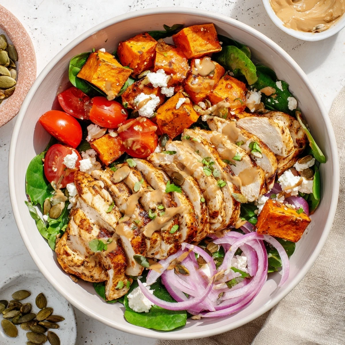 Golden roasted sweet potatoes and glazed chicken slices arranged over fresh spinach in a maple Dijon chicken sweet potato bowl