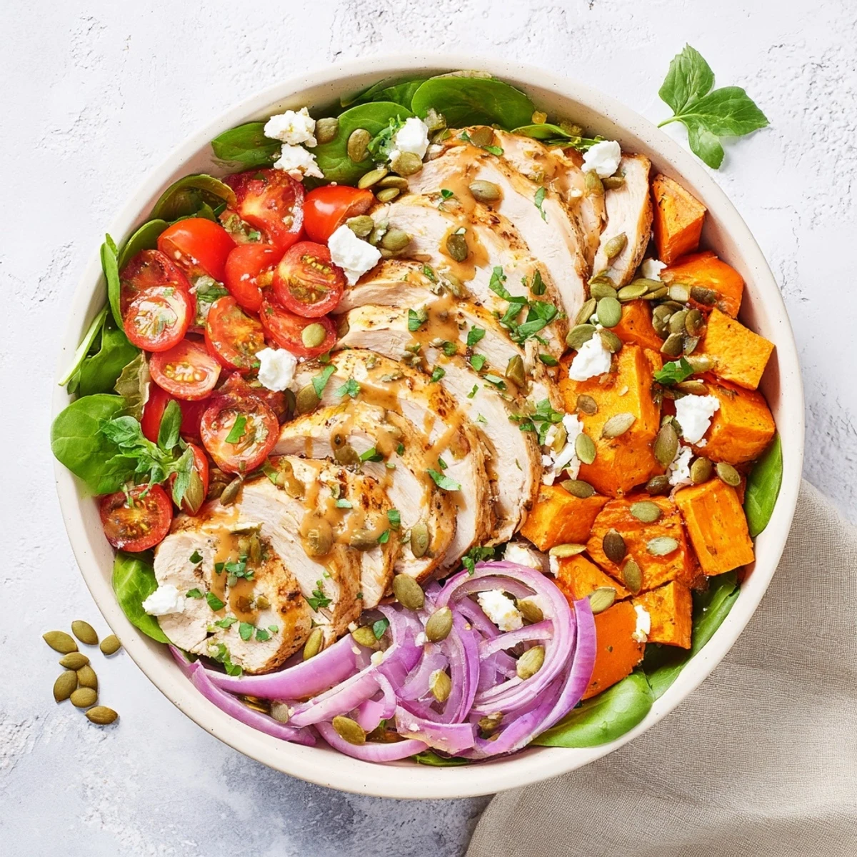Colorful meal prep bowl featuring maple Dijon chicken sweet potato bowls with tender roasted vegetables and tangy dressing