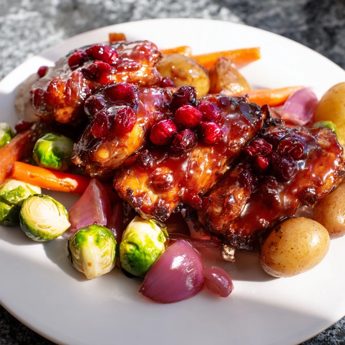 Juicy one pan honey cranberry chicken served with roasted Brussels sprouts potatoes carrots and red onion wedges